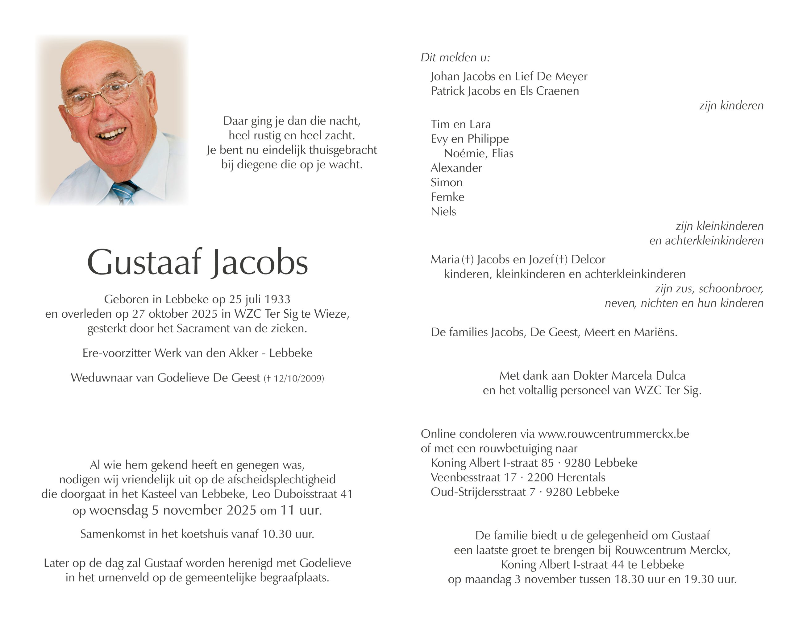 Jacobs Gustaaf rouwbrief