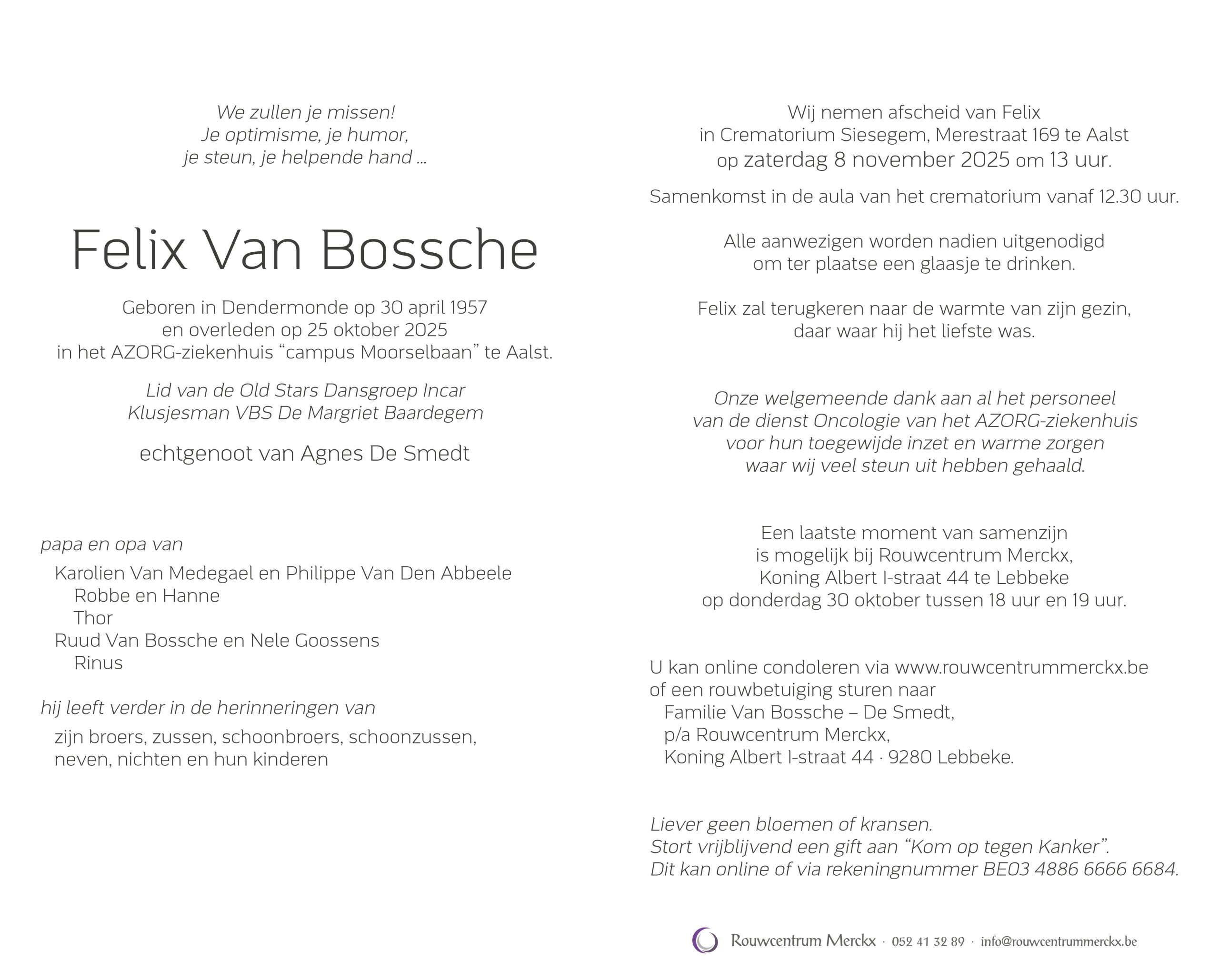 Van Bossche Felix rouwbrief