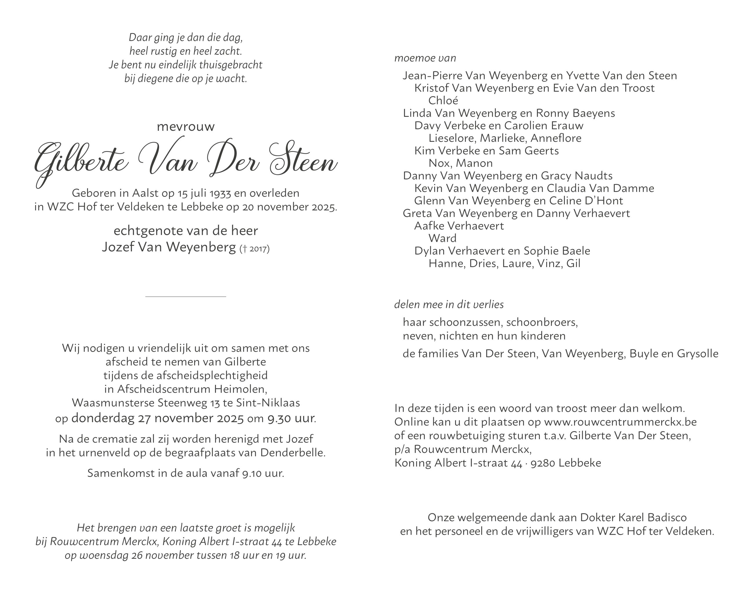 Van Der Steen Gilberte rouwbrief