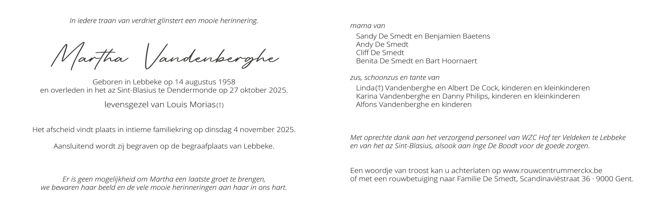 Vandenberghe Martha rouwbrief