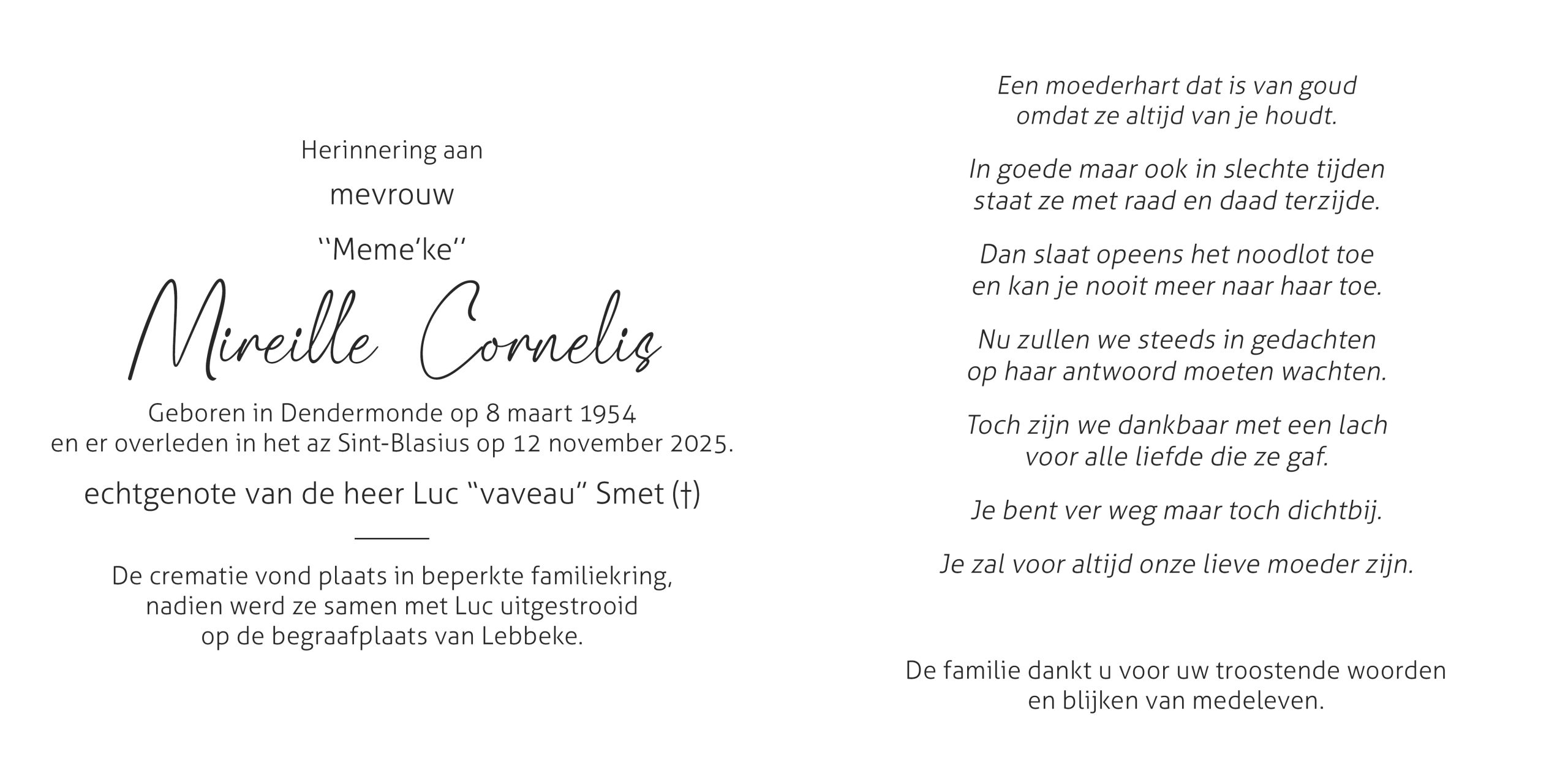 Cornelis Mireille rouwbrief