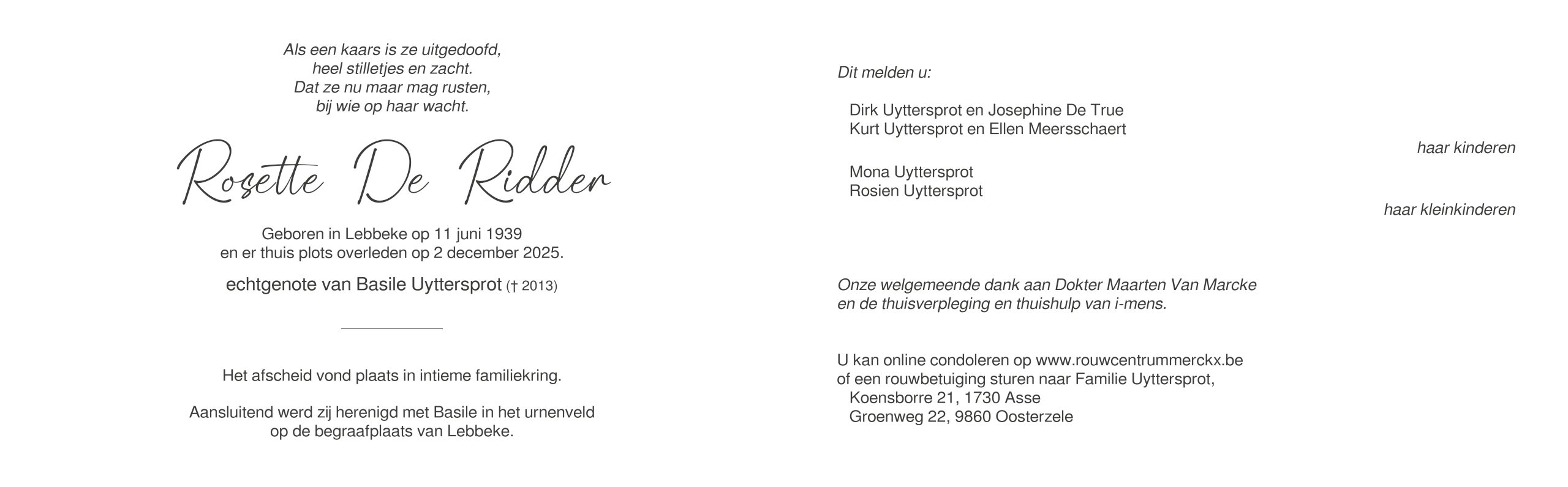 De Ridder Rosette rouwbrief