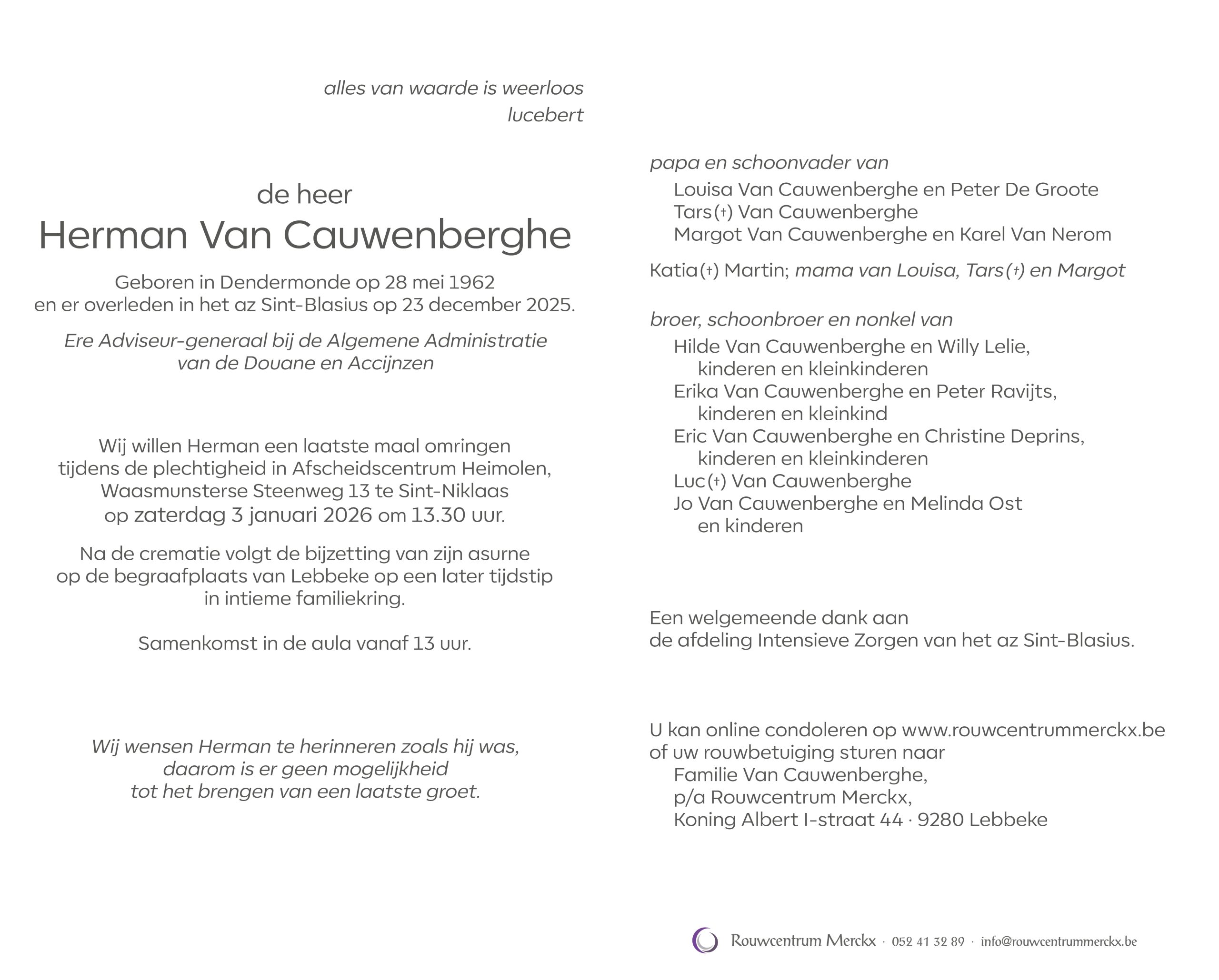 Van Cauwenberghe Herman rouwbrief