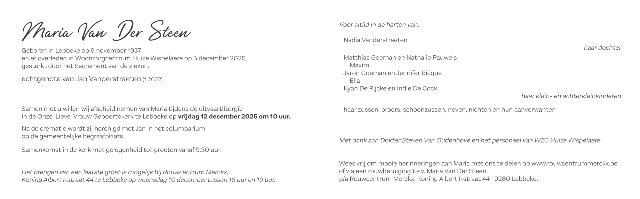 Van Der Steen Maria rouwbrief