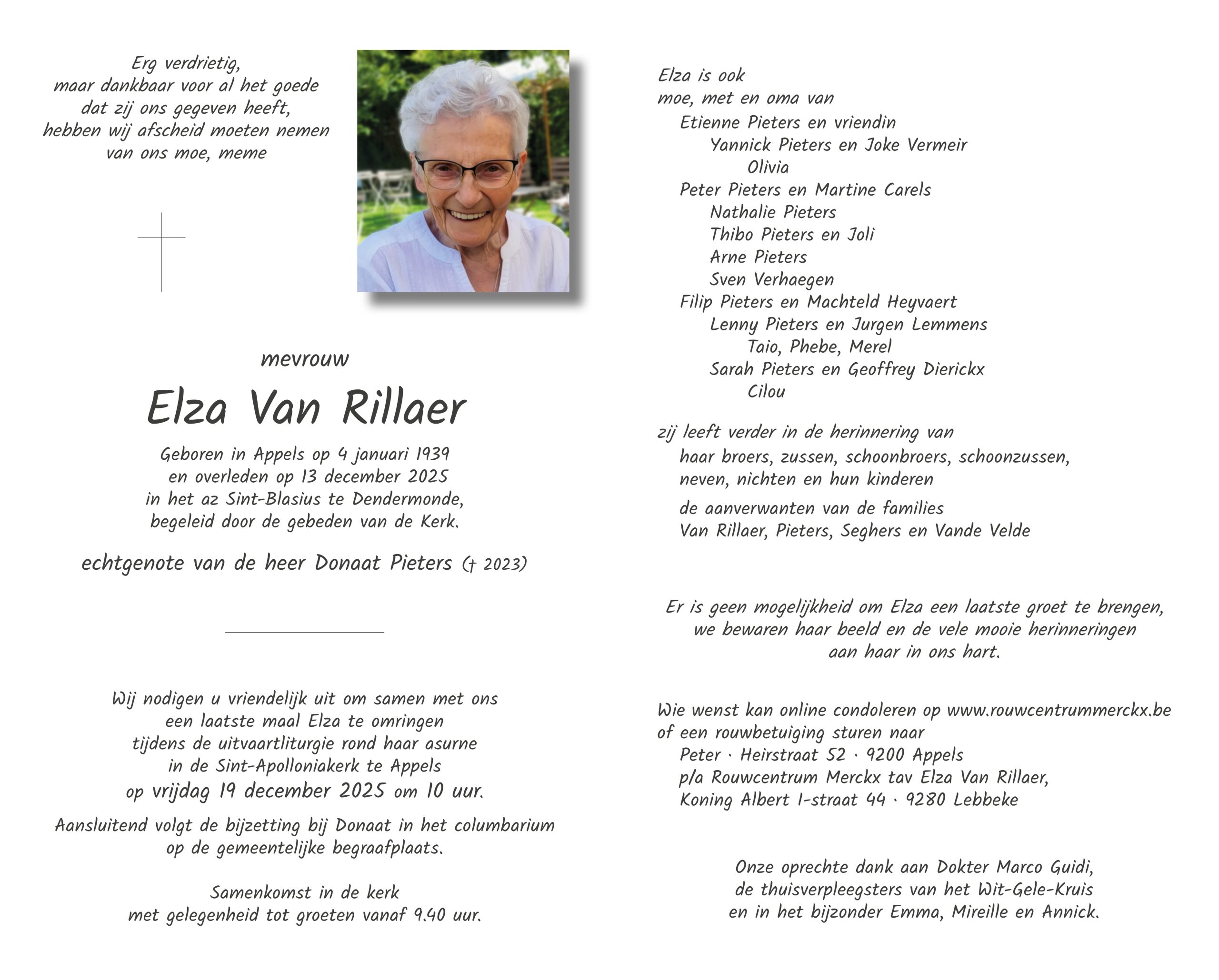 Van Rillaer Elza rouwbrief