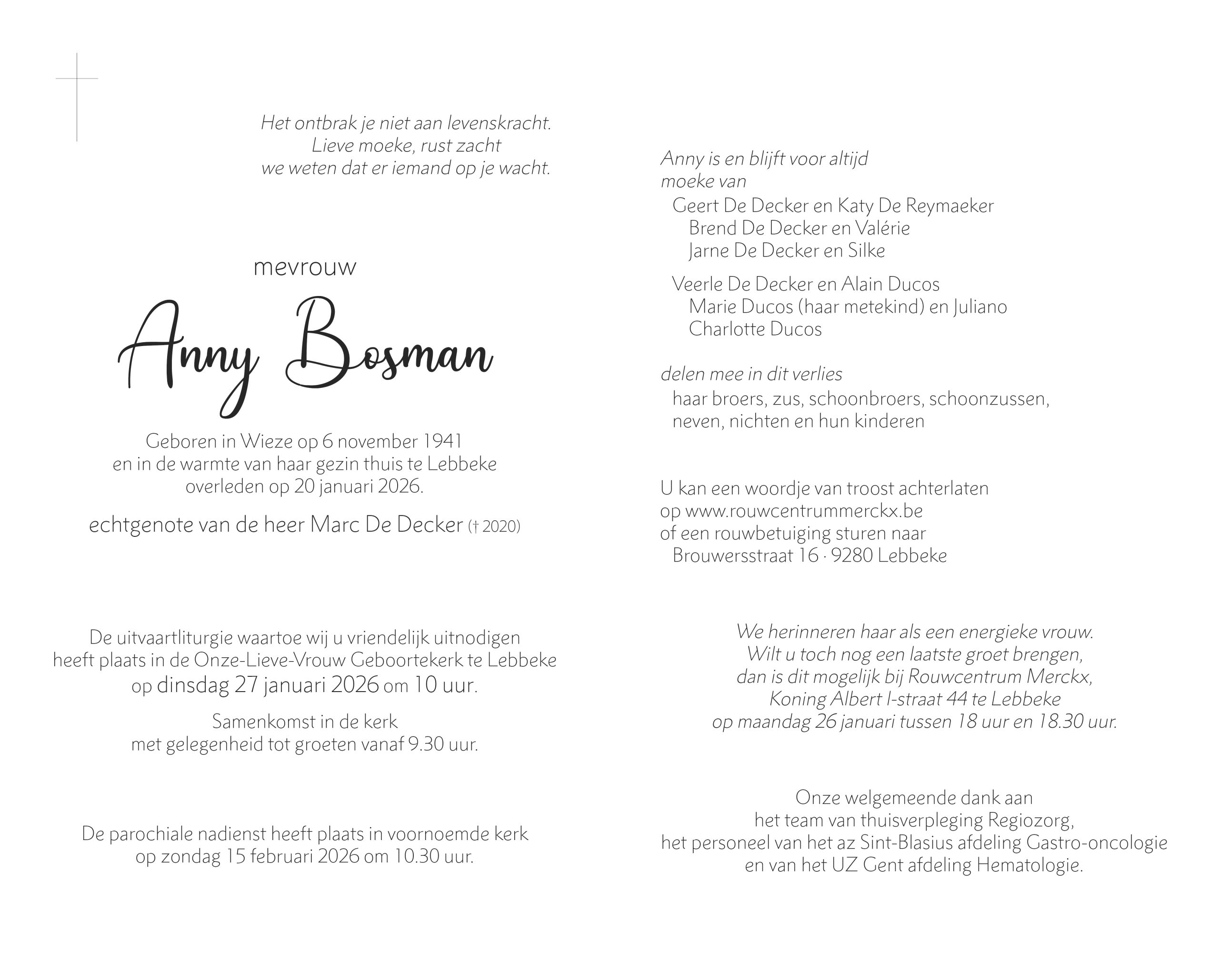 Bosman Anny rouwbrief