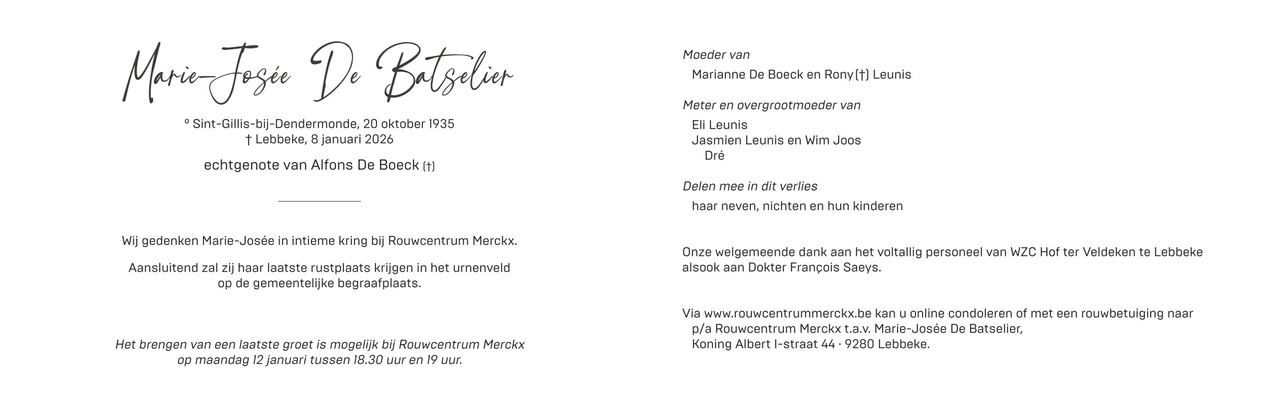 De Batselier Marie-Josée rouwbrief