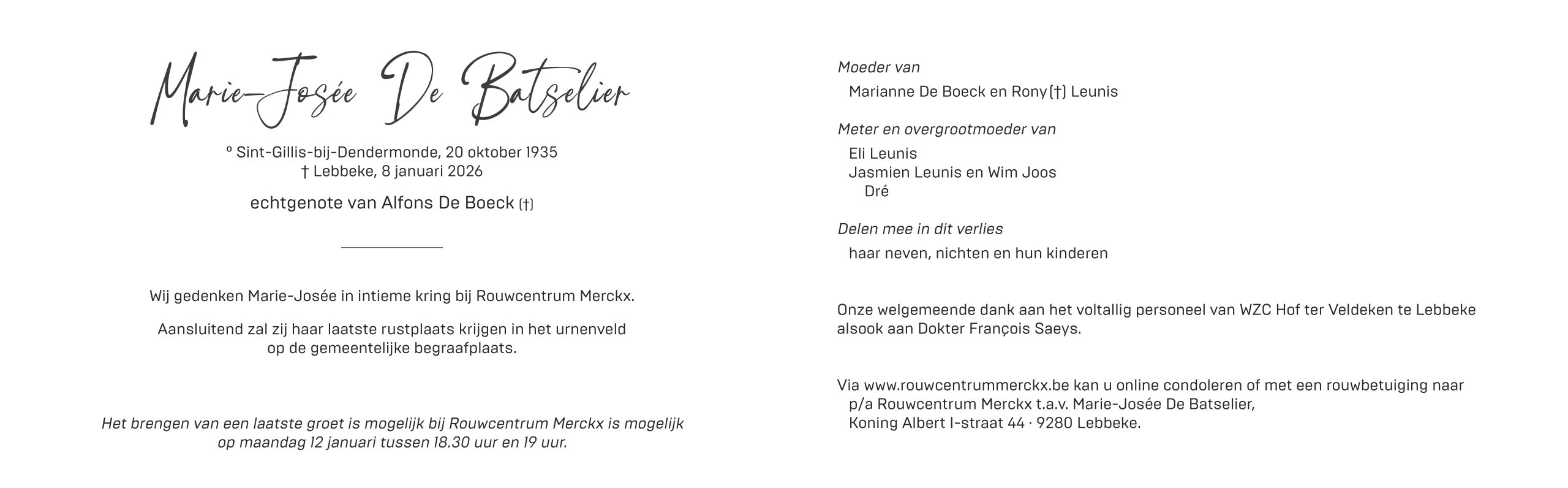 De Batselier Marie-Josée rouwbrief