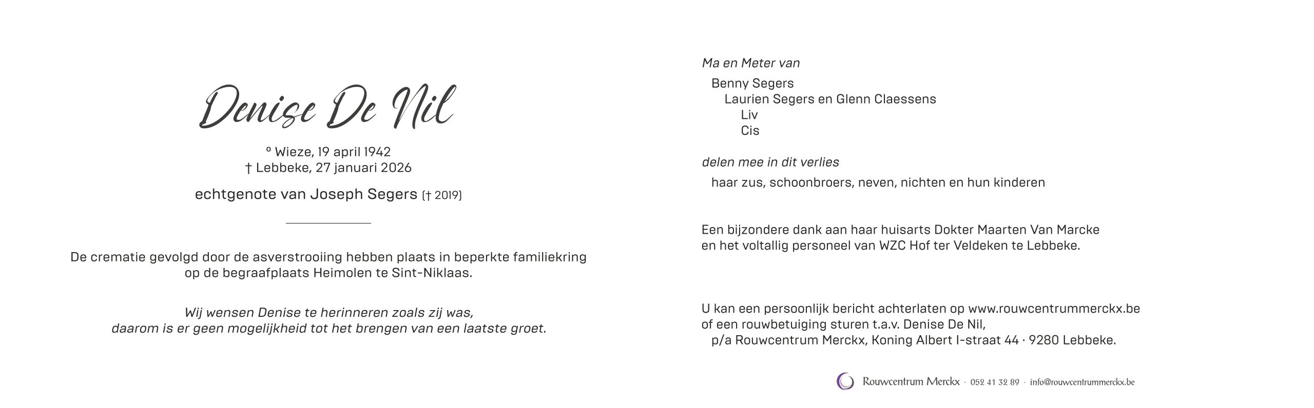 De Nil Denise rouwbrief