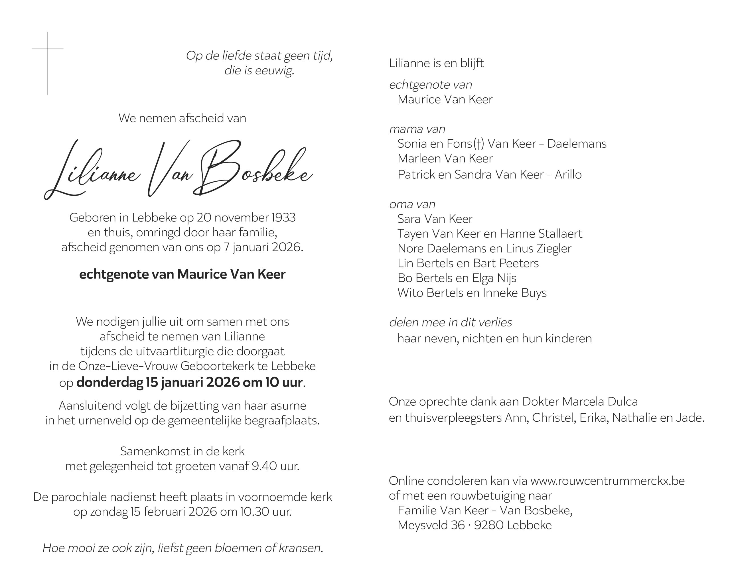 Van Bosbeke Lilianne rouwbrief
