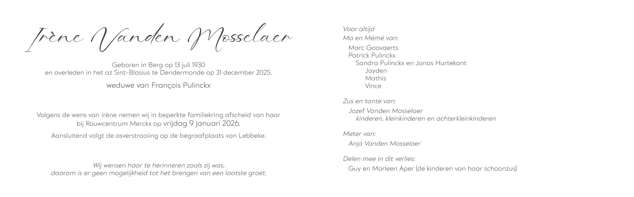 Vanden Mosselaer Irène rouwbrief