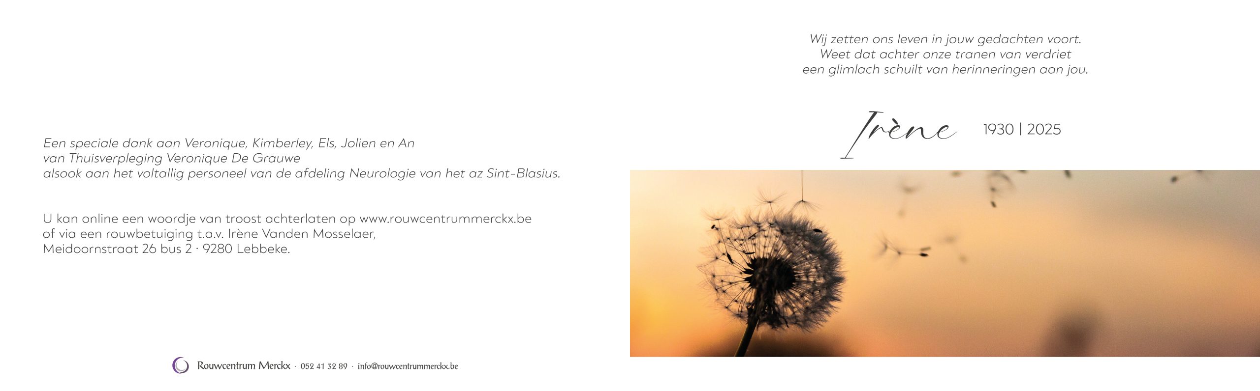 Vanden Mosselaer Irène rouwbrief
