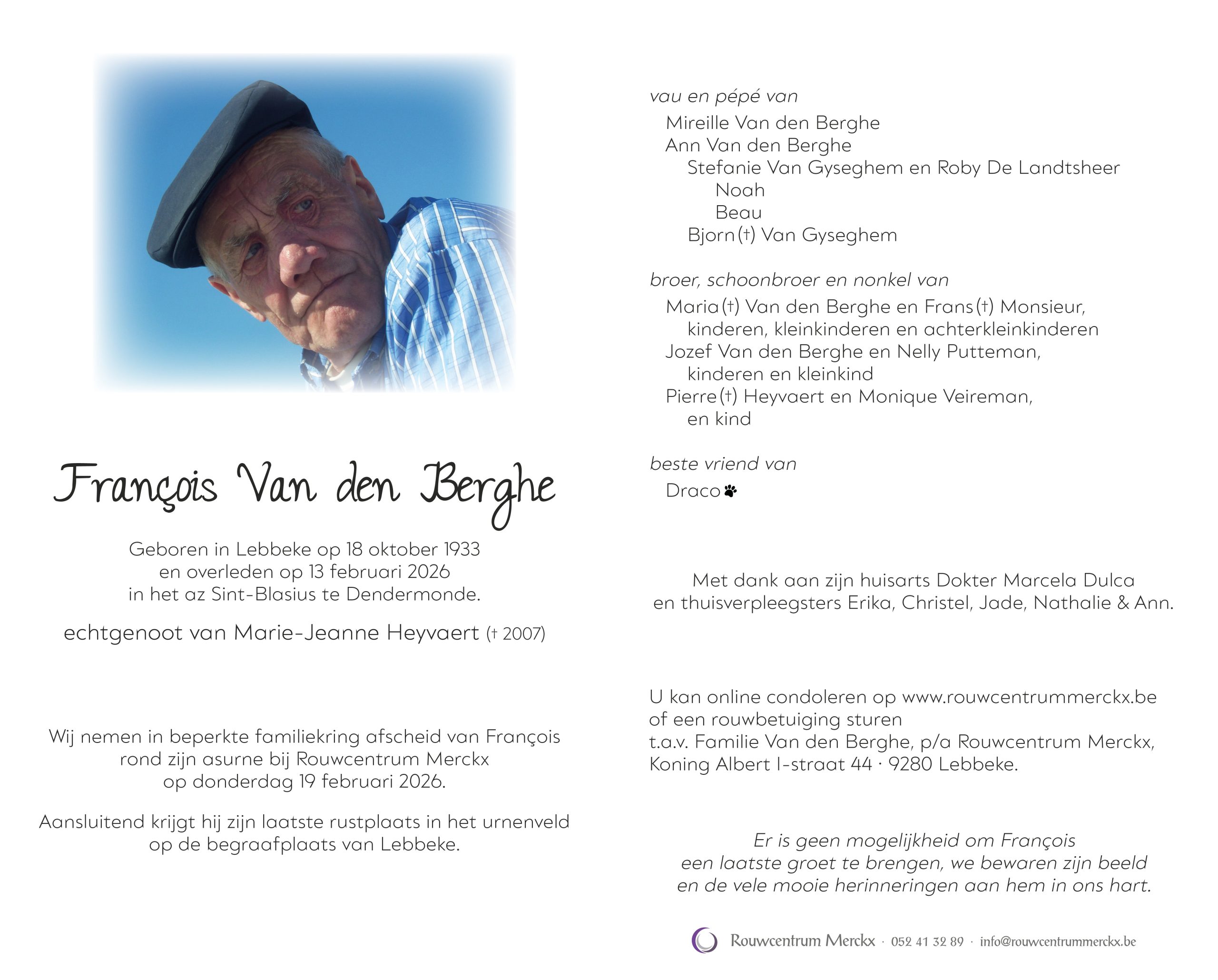 Van den Berghe François rouwbrief