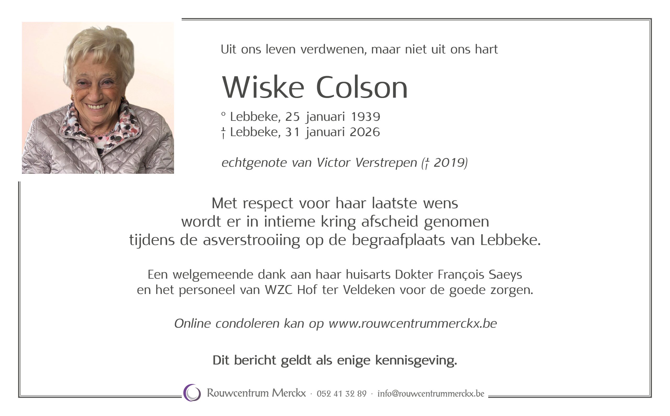 Colson Wiske rouwbrief