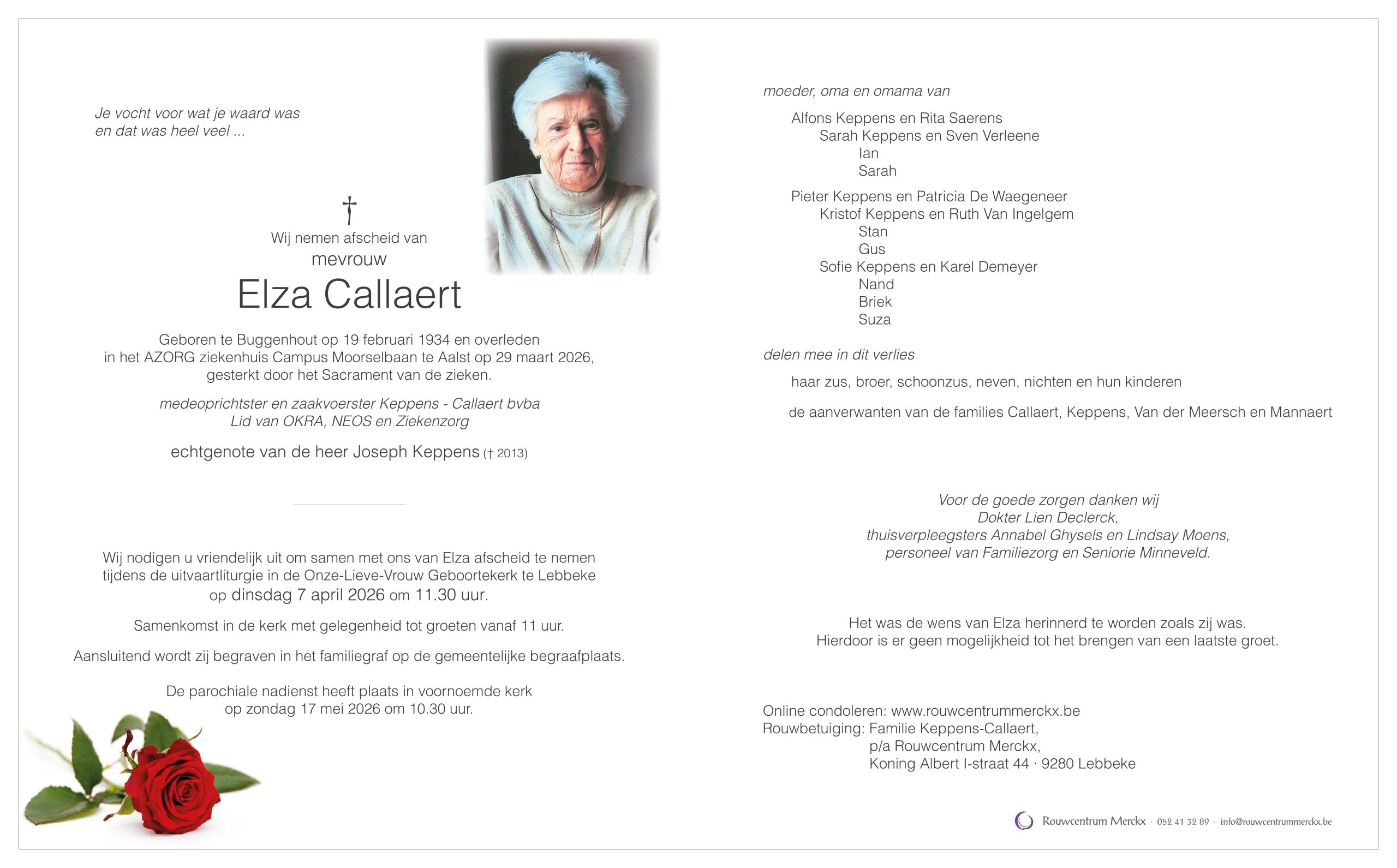 Callaert Elza rouwbrief