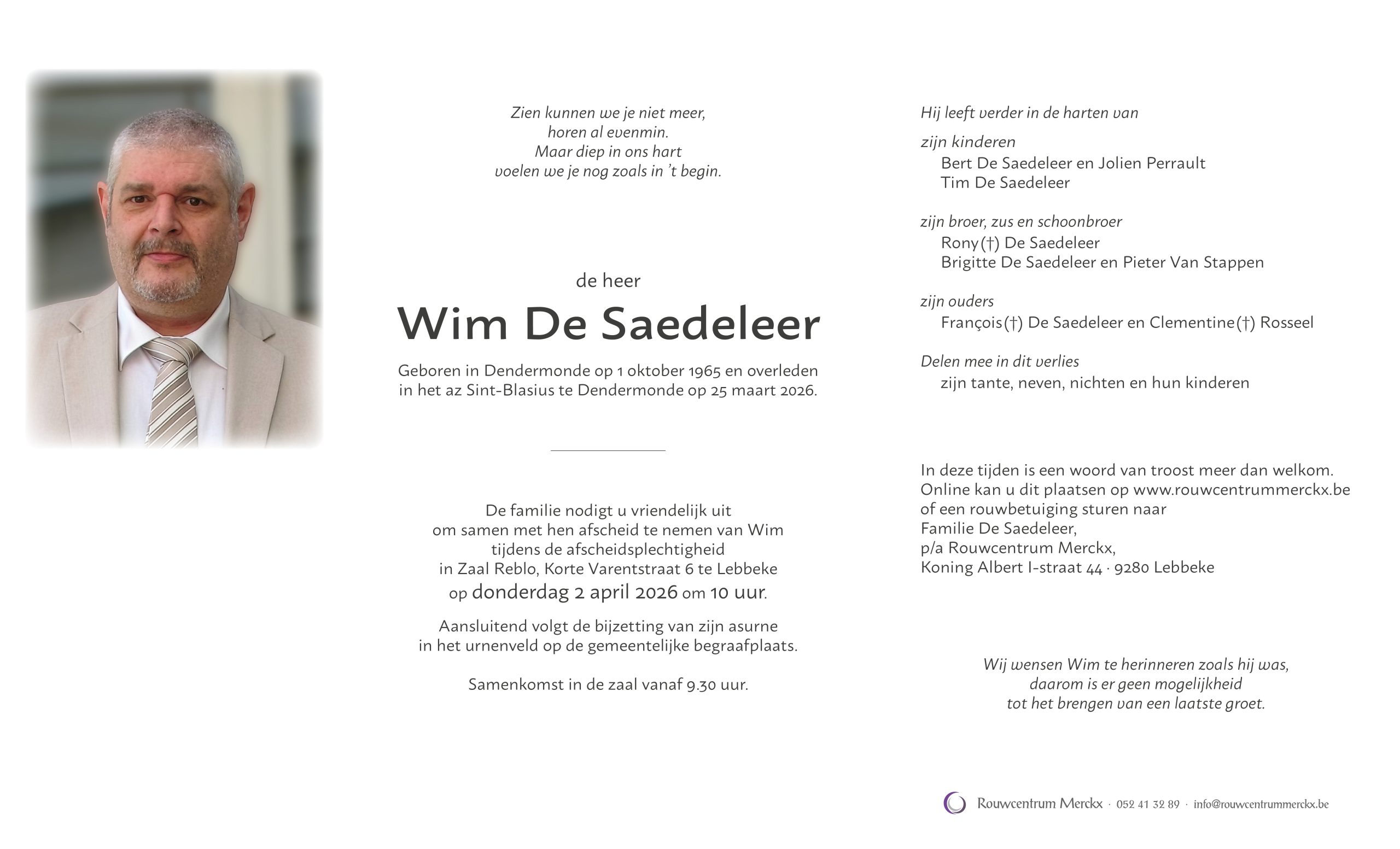 De Saedeleer Wim rouwbrief