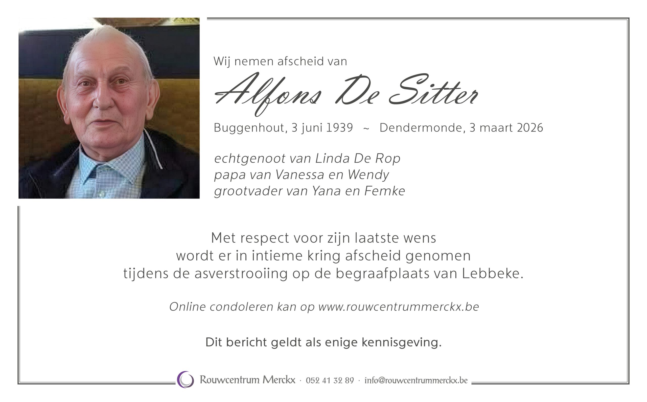De Sitter Alfons rouwbrief