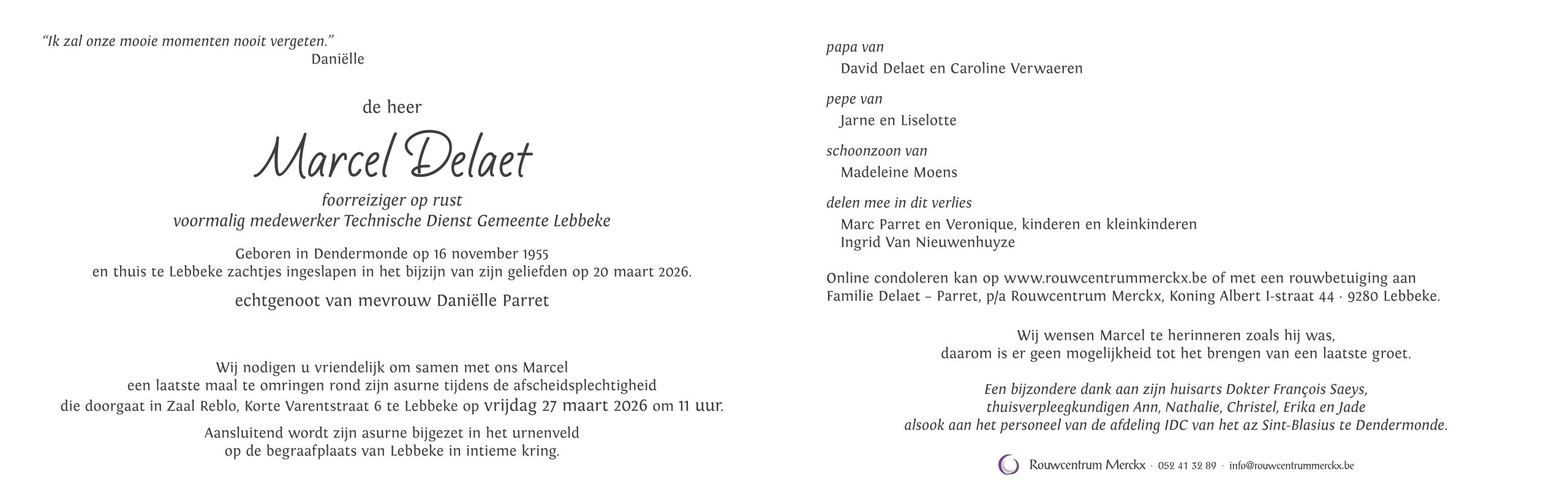 Delaet Marcel rouwbrief