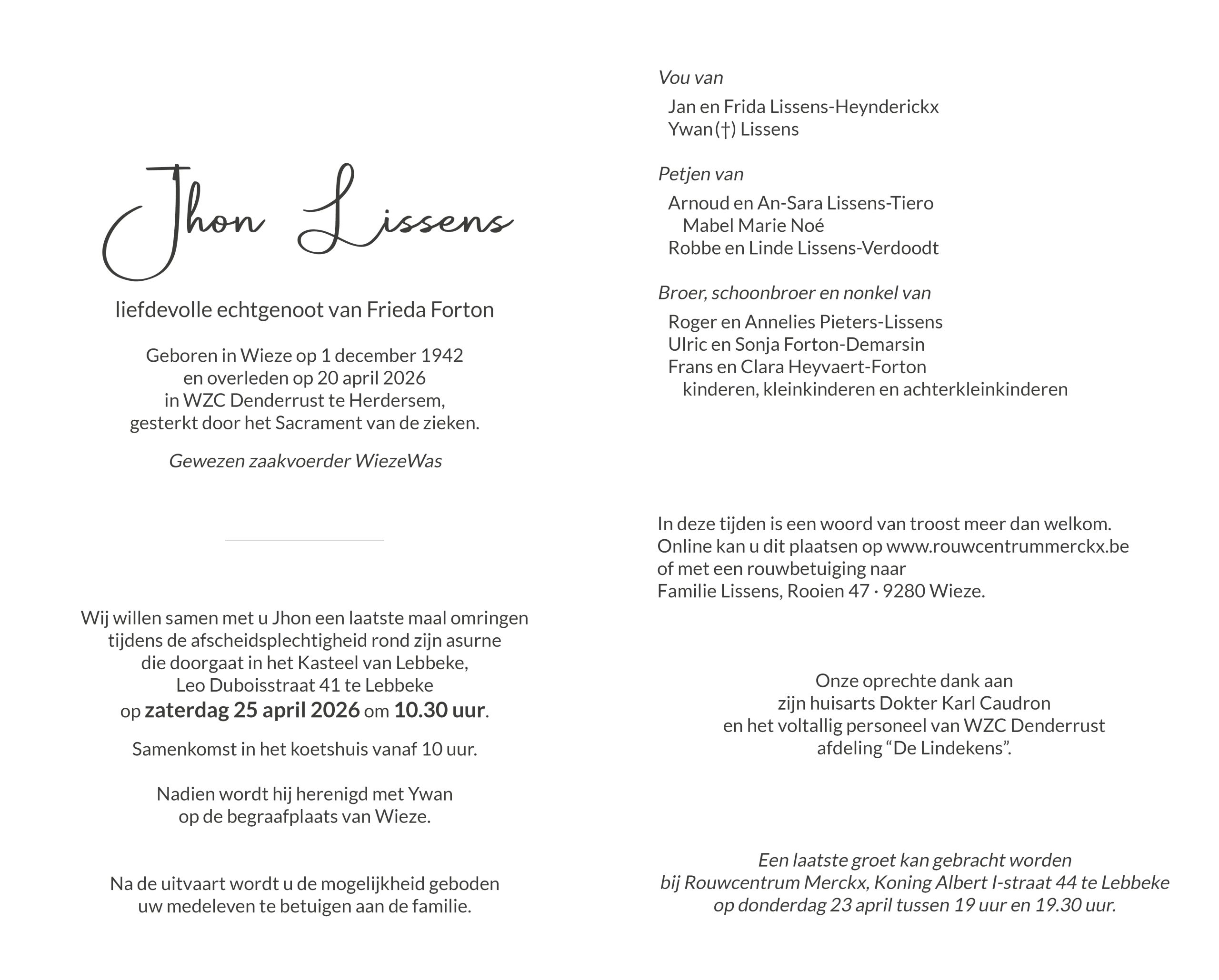 Van Moerkerke Willy rouwbrief