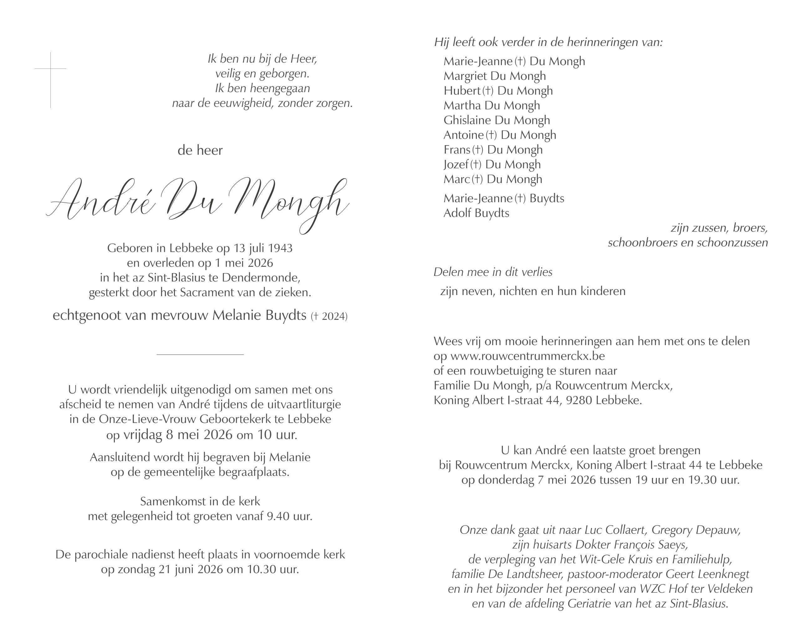 Du Mongh André rouwbrief