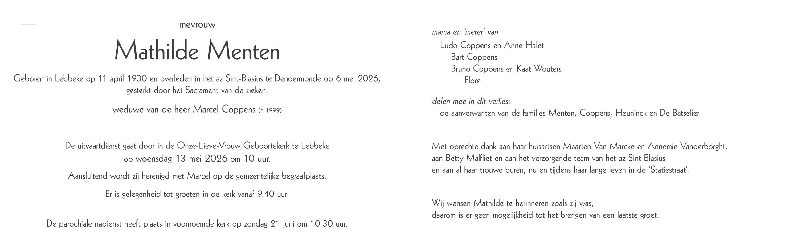 Menten Mathilde rouwbrief