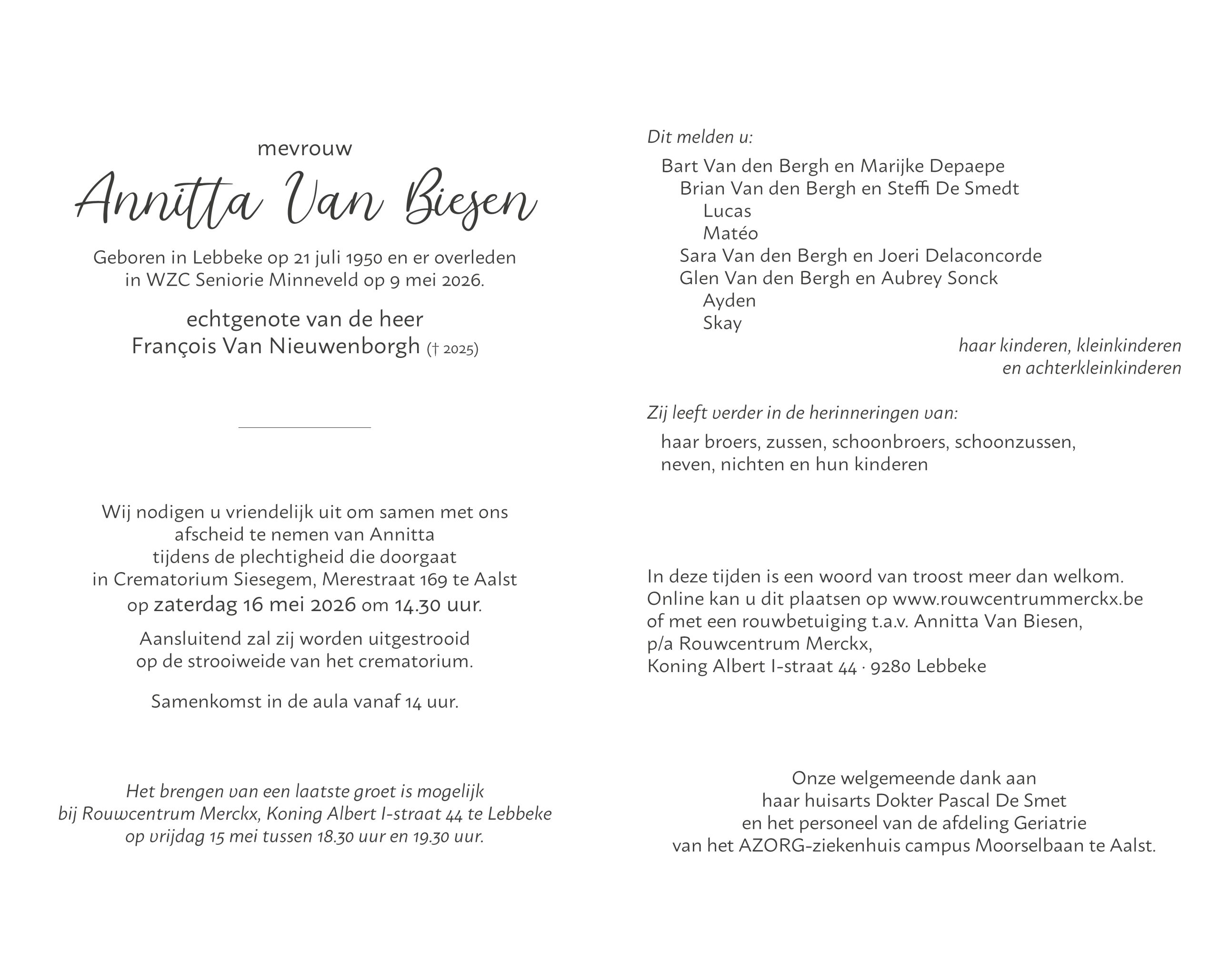 Van Biesen Annitta rouwbrief