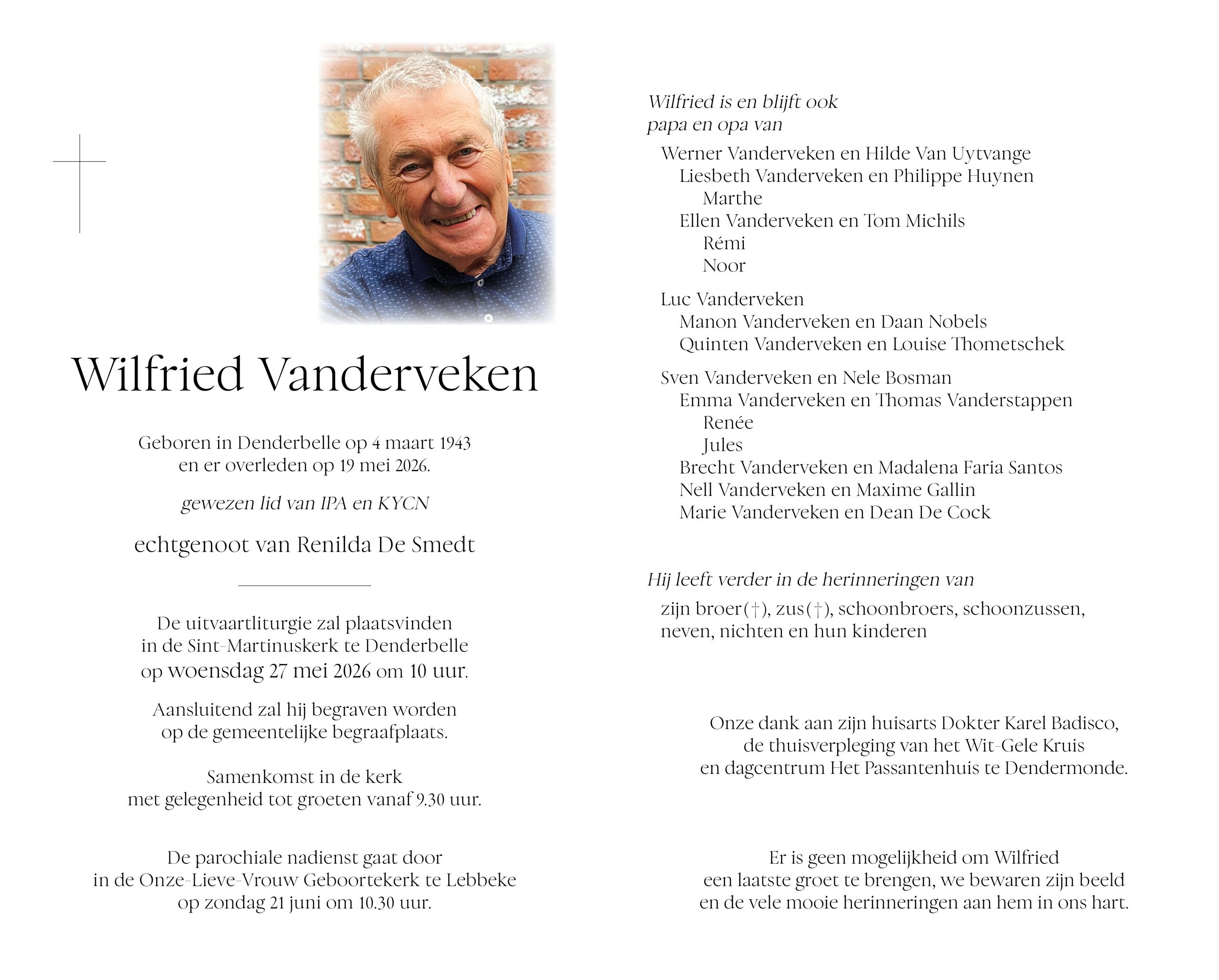 Vanderveken Wilfried rouwbrief