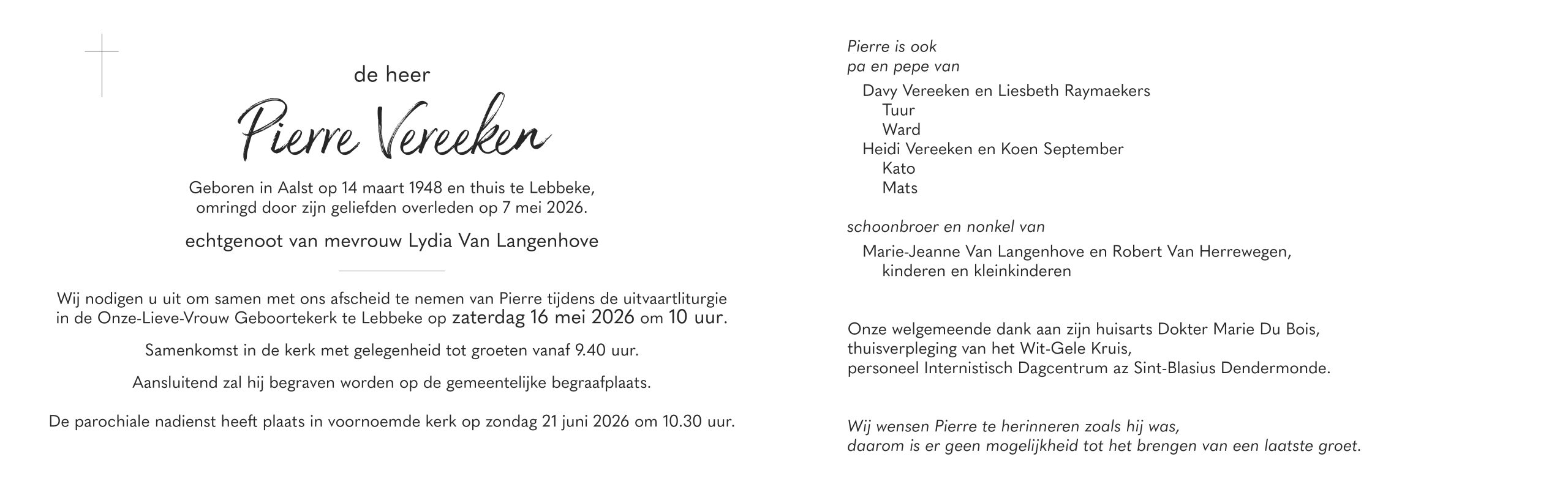 Vereeken Pierre rouwbrief