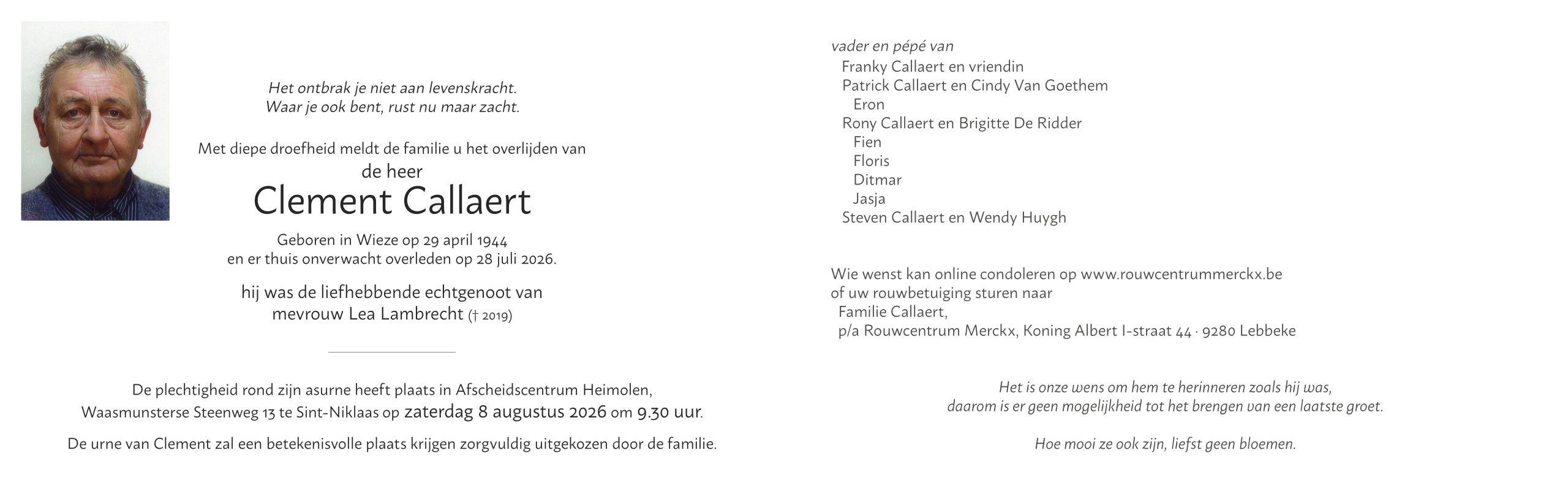 Callaert Clement rouwbrief
