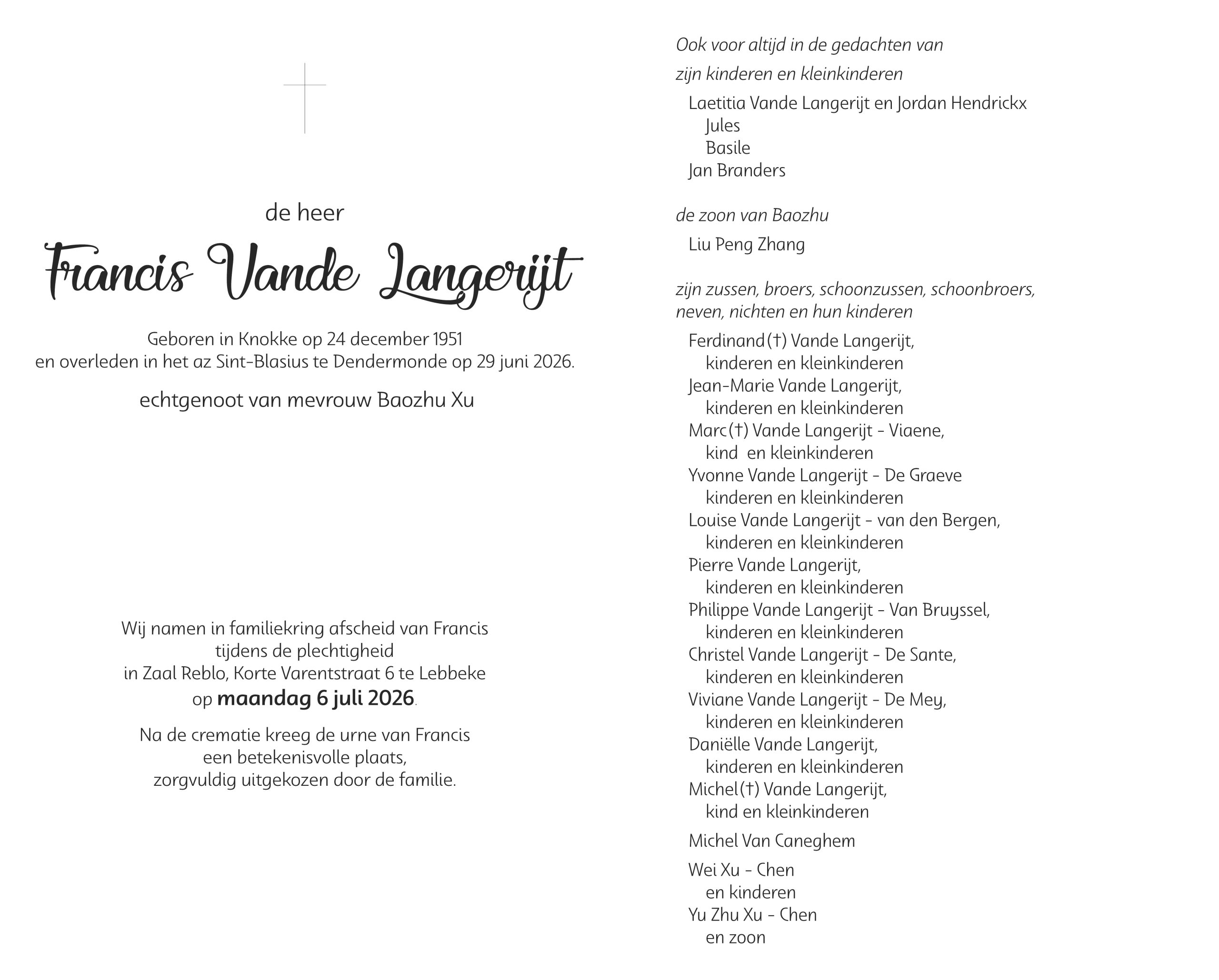 Vande Langerijt Francis rouwbrief