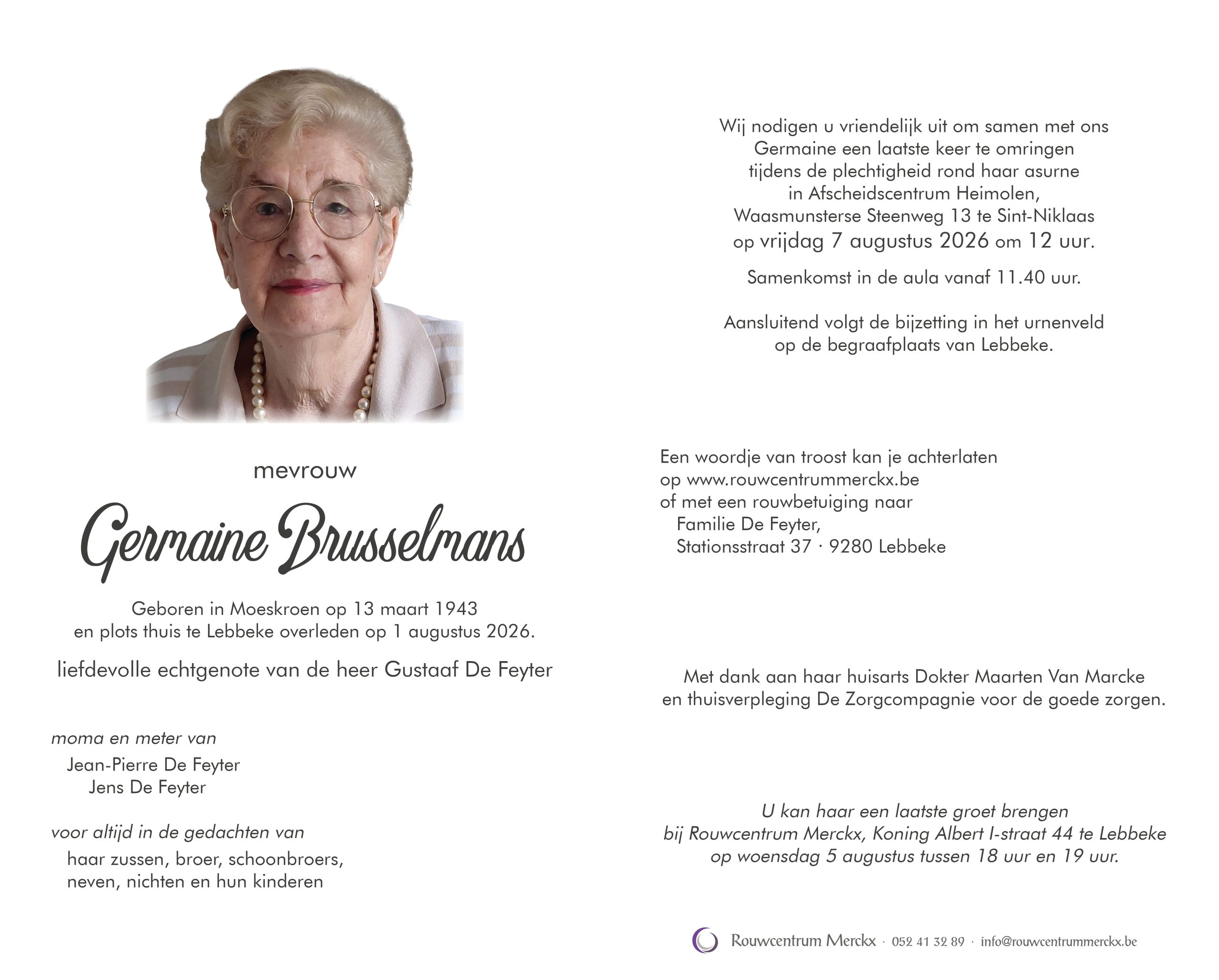 Brusselmans Germaine rouwbrief