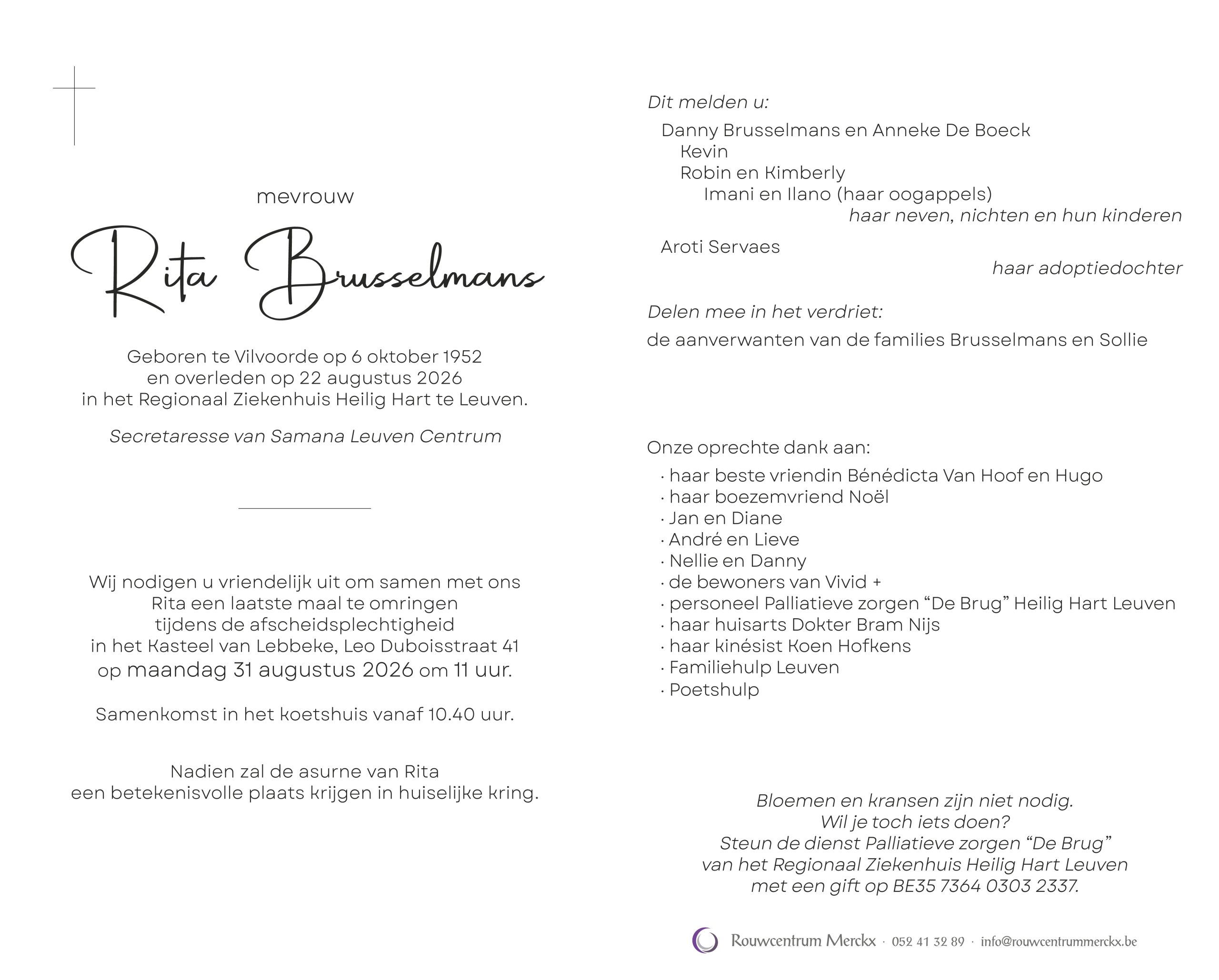 Brusselmans Rita rouwbrief