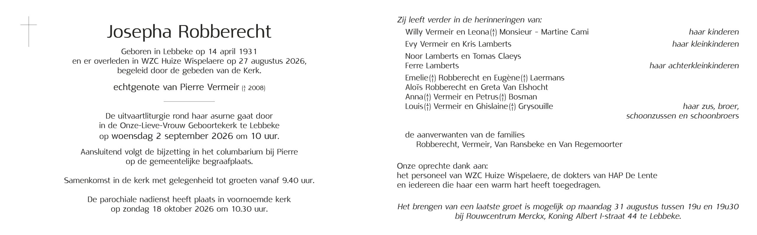 Robberecht Josepha rouwbrief