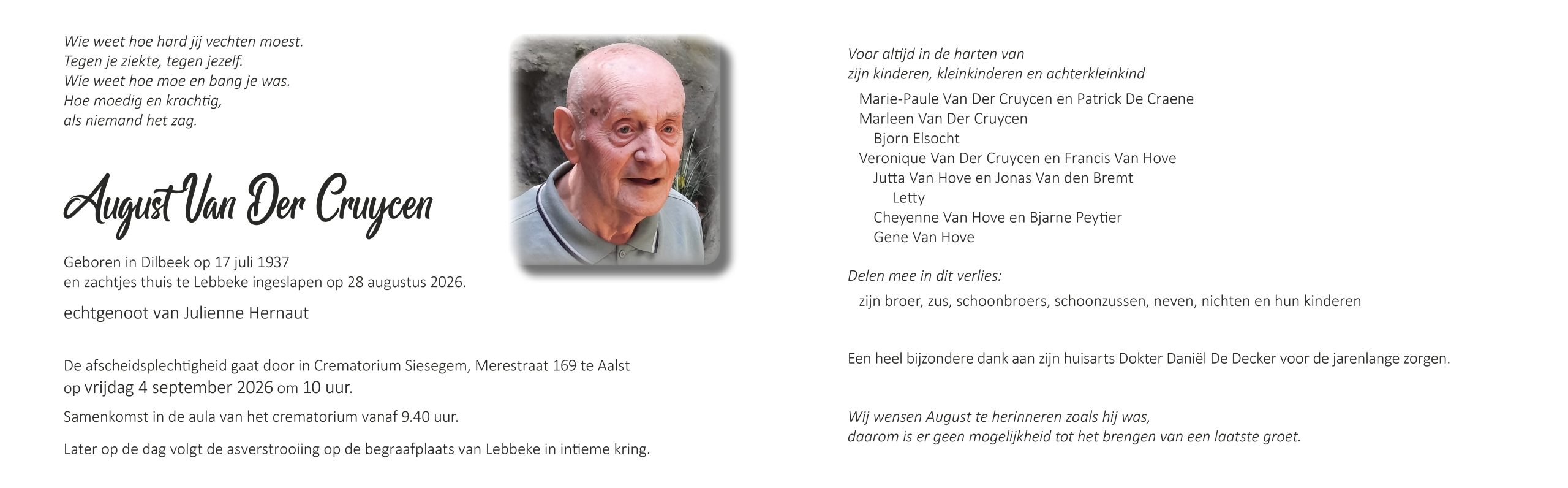 Van Der Cruycen August rouwbrief