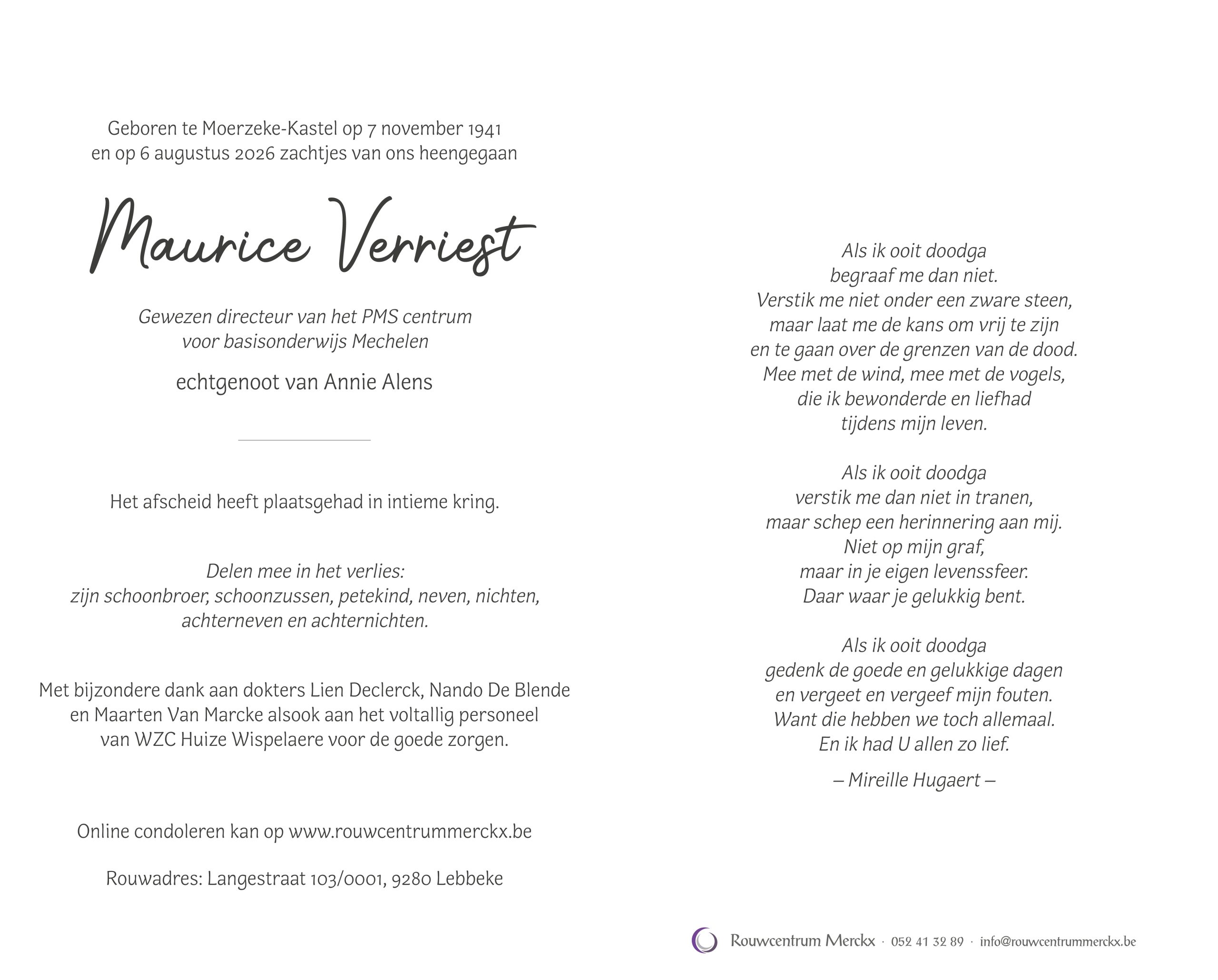 Verriest Maurice rouwbrief