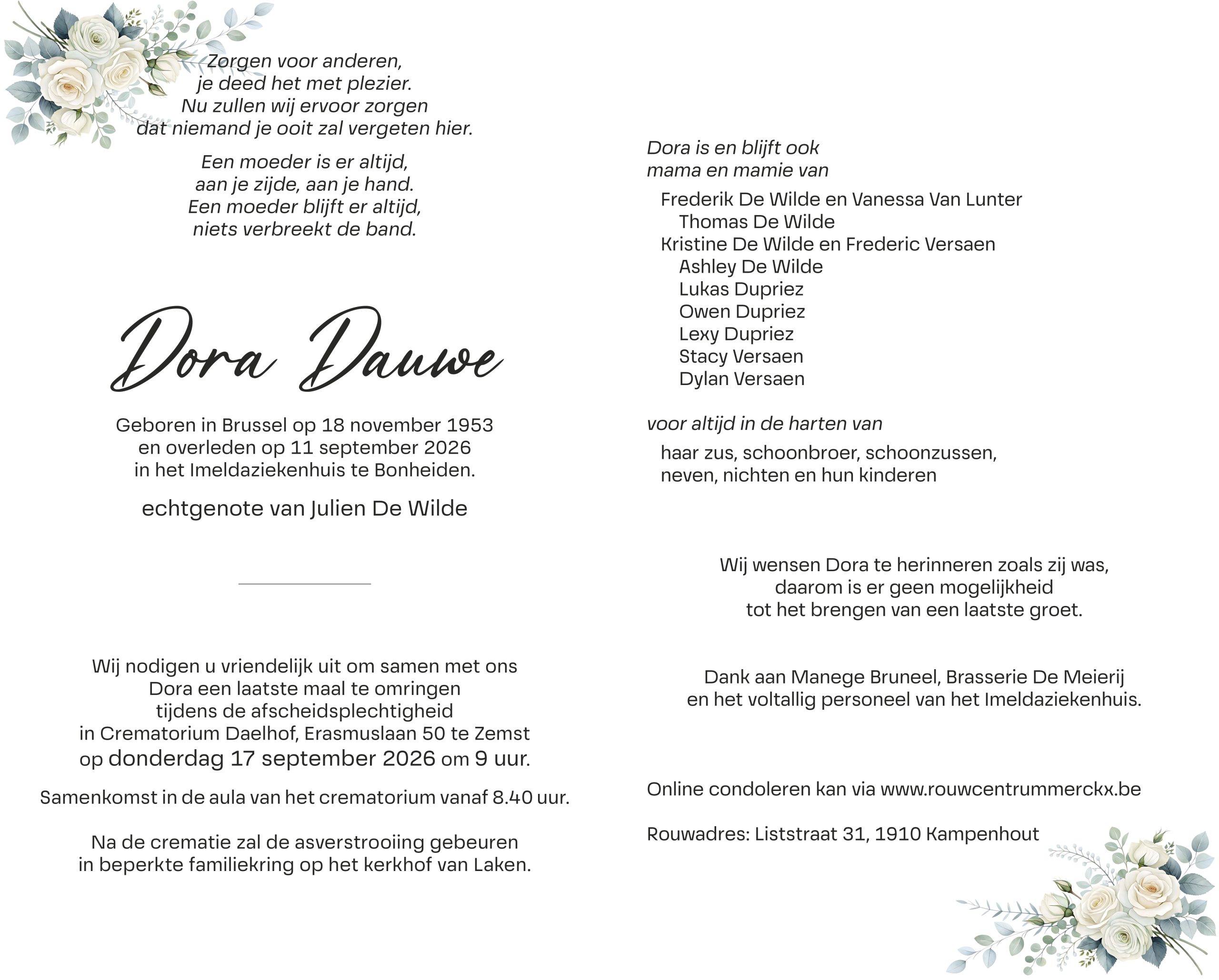 Dauwe Dora rouwbrief
