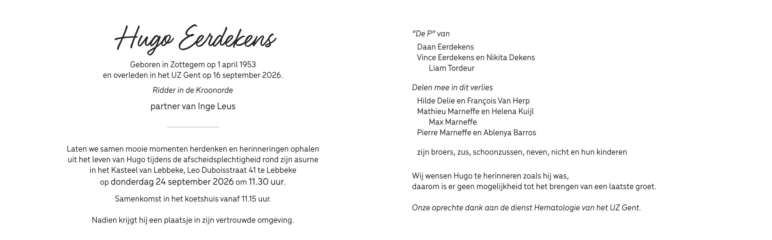 Eerdekens Hugo rouwbrief