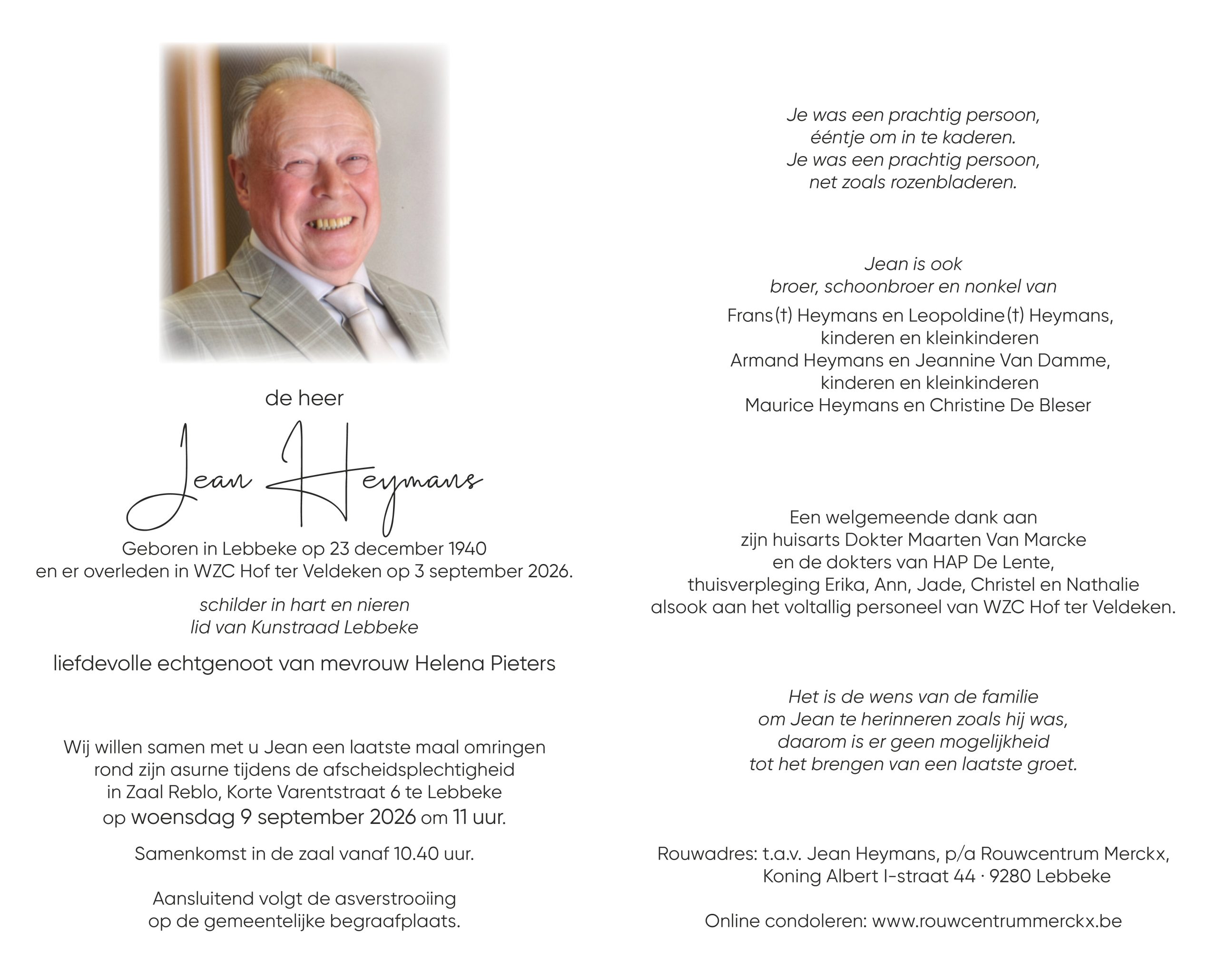 Heymans Jean rouwbrief