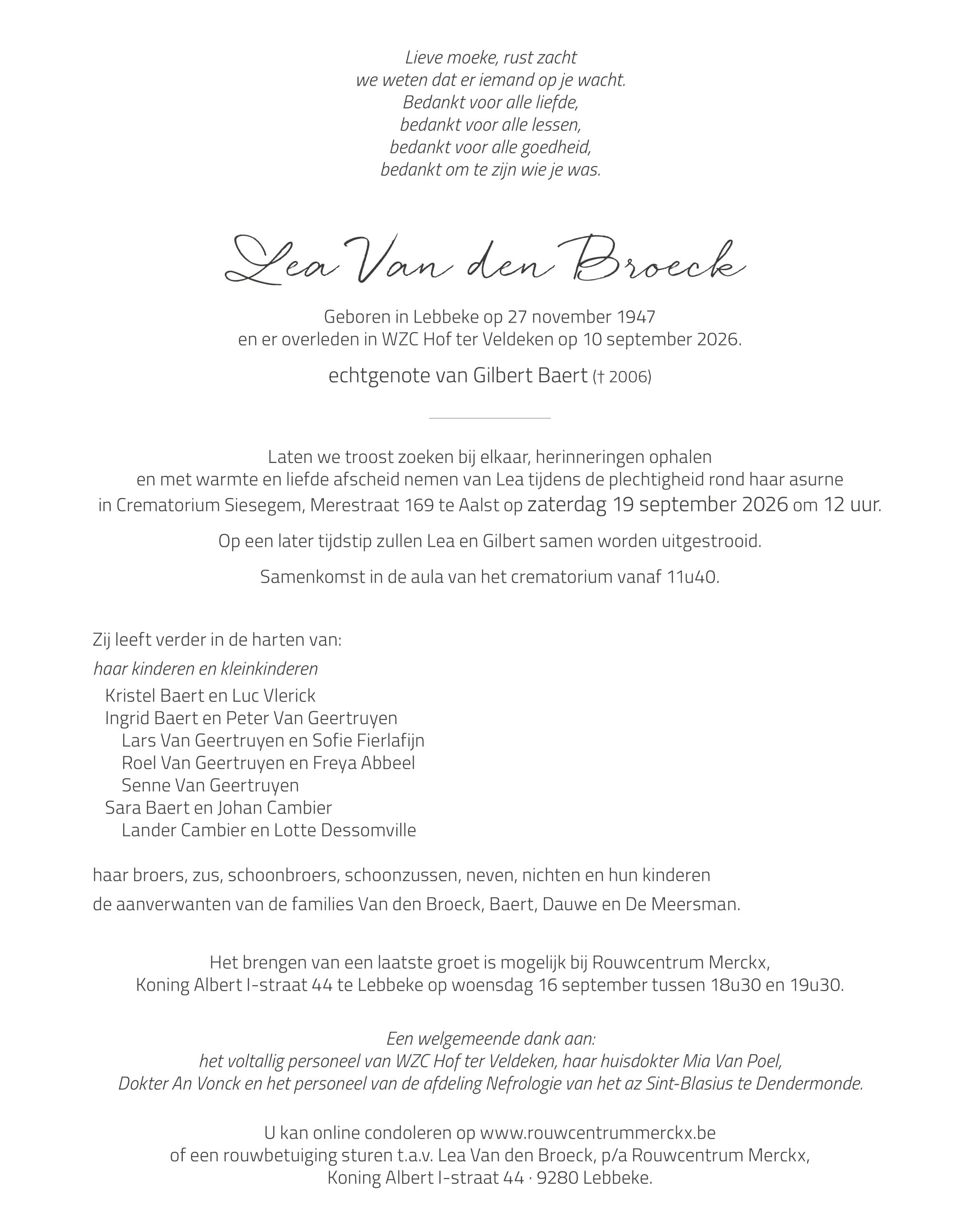 Van den Broeck Lea rouwbrief