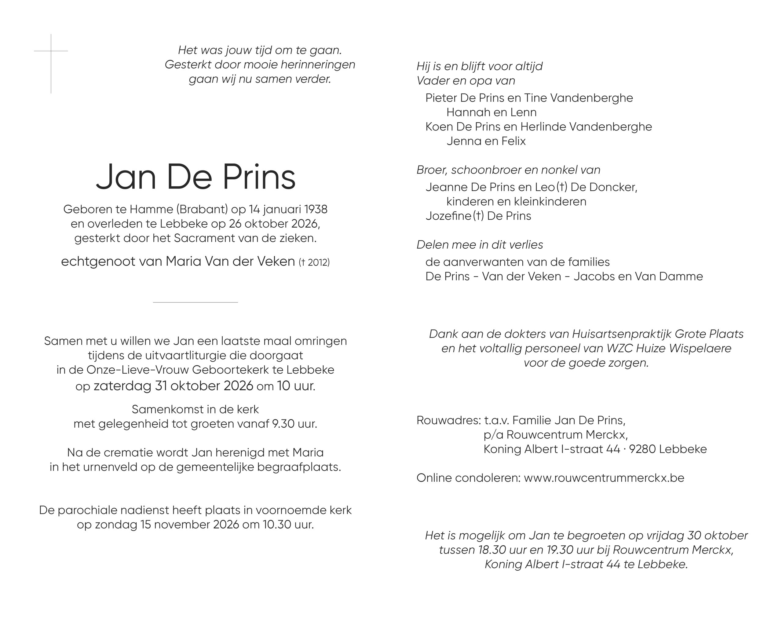De Prins Jan rouwbrief