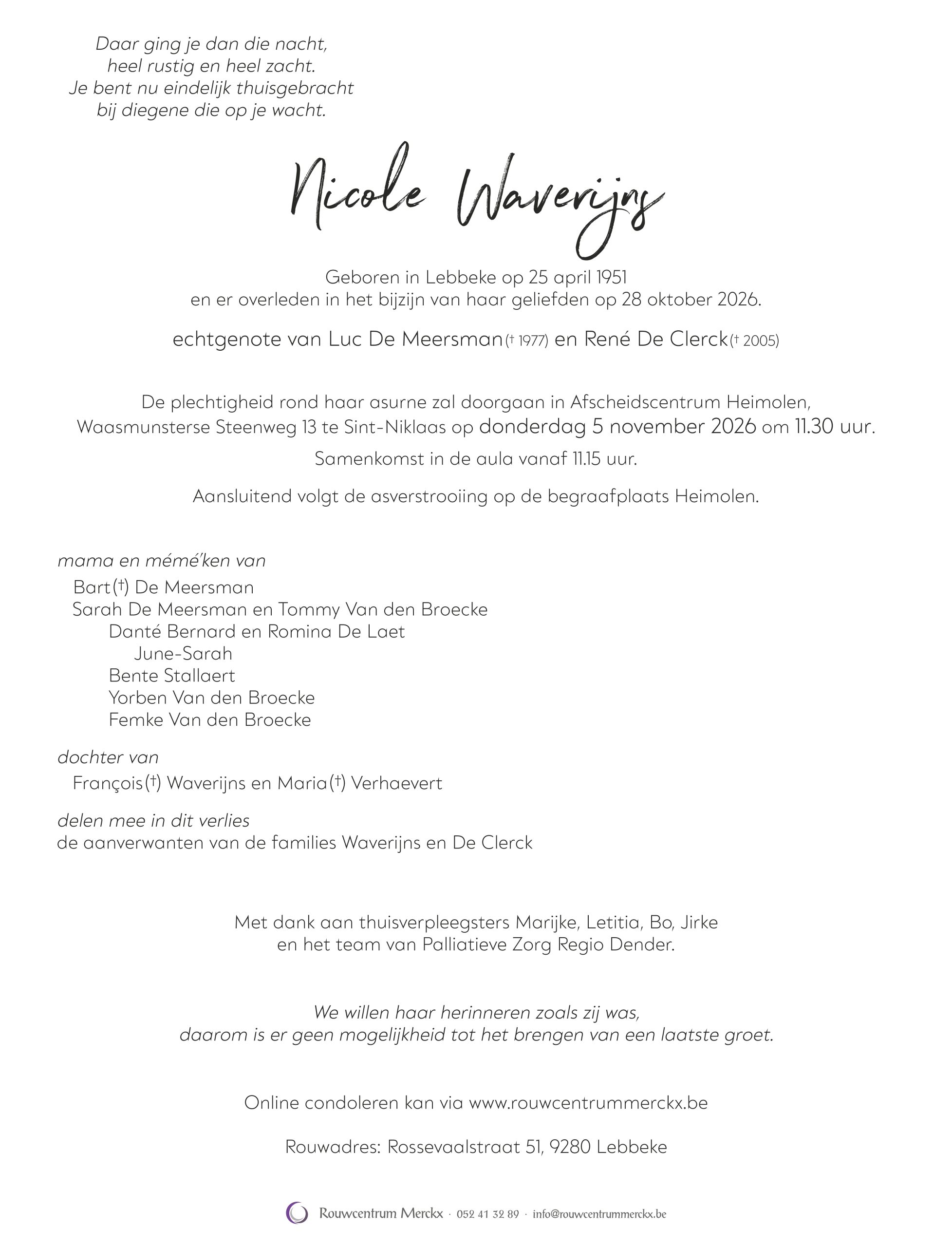 Waverijns Nicole rouwbrief